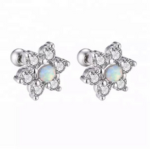 Load image into Gallery viewer, 316L Stainless Surgical Steel CZ White Fire Opal Copper Flower Ball Screw Back Stud Earrings 9mm Flower Tragus Cartilage Helix