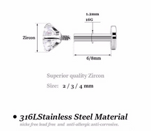 Load image into Gallery viewer, 316L Surgical Steel Labret Cartilage Tragus Helix Ear Lip Nose internally Threaded 16G CZ Stud Earrings