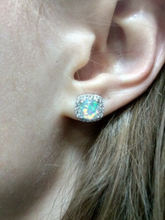 Load image into Gallery viewer, 18K Rose Gold Filled White Blue Fire Opal CZ Cushion Square Bridal Stud Earrings