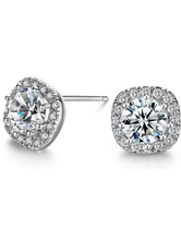 Load image into Gallery viewer, S925 Silver Filled 1.90 carats AAAA+ platinum plated Cubic Zirconia Halo Cushion Shaped Bridal Stud Earrings