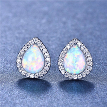 Load image into Gallery viewer, 18K White/Rose Gold Plated CZ white Blue Green Opal Rain Drop Pear Shaped Small Stud Earrings Bridal Collection