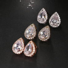 Load image into Gallery viewer, 18K White Yellow Gold Plated Pear Shaped CZ Big Diamond Stud Earrings Teardrop Hypoallergenic Bridal Collection PAIR