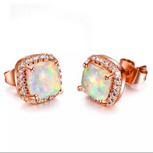 Load image into Gallery viewer, 18K Rose Gold Filled White Blue Fire Opal CZ Cushion Square Bridal Stud Earrings