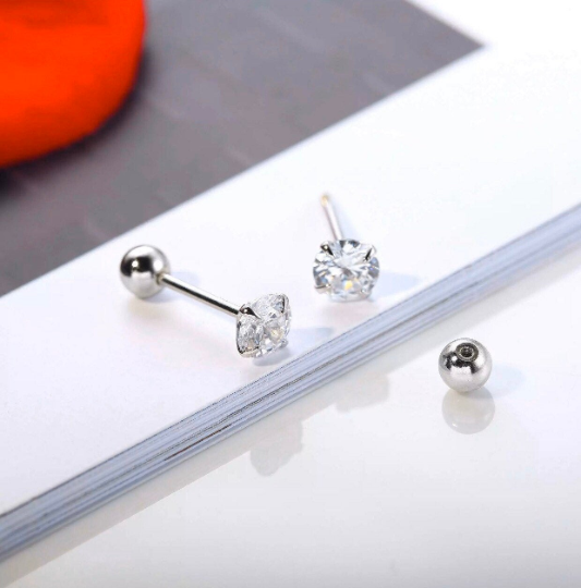 Surgical Steel Ball Screw Back CZ Diamond Stud Earrings 3.0mm Gold