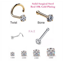 Load image into Gallery viewer, Solid 316L Surgical Steel 18K Gold Plated Mini Stud Earrings Nose Pin Bone twist Back CZ 1.5mm 2.0mm 2pc (PAIR) 20g