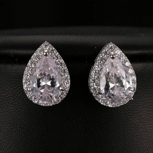 Load image into Gallery viewer, 18K White Yellow Gold Plated Pear Shaped CZ Big Diamond Stud Earrings Teardrop Hypoallergenic Bridal Collection PAIR