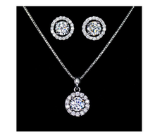 Load image into Gallery viewer, Solid S925 Sterling Silver Round CZ 2.0Ct Diamond Round Halo Stud Earrings Box Chain+ Matching Pendant Necklace Bridal Jewelry Set