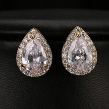 Load image into Gallery viewer, 18K White Yellow Gold Plated Pear Shaped CZ Big Diamond Stud Earrings Teardrop Hypoallergenic Bridal Collection PAIR