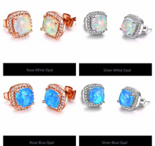 Load image into Gallery viewer, 18K Rose Gold Filled White Blue Fire Opal CZ Cushion Square Bridal Stud Earrings