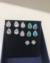 Load image into Gallery viewer, 18K White/Rose Gold Plated CZ white Blue Green Opal Rain Drop Pear Shaped Small Stud Earrings Bridal Collection