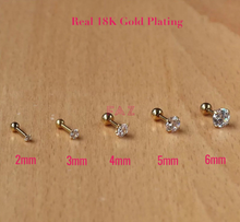 Load image into Gallery viewer, 2Pcs Solid Surgical Steel Hypoallergenic Ball Screw Back Kids Adults CZ Diamond Stud Earrings Cartilage Helix Tragus Mini Stud 16G 18G
