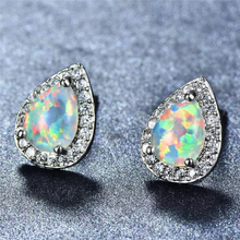 Load image into Gallery viewer, 18K White/Rose Gold Plated CZ white Blue Green Opal Rain Drop Pear Shaped Small Stud Earrings Bridal Collection