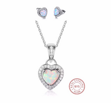 Load image into Gallery viewer, Genuine Solid 925 Sterling Silver Heart Opal chain charm Choker Necklace with Gold plated Heart Opal Stud Earrings Bridal Jewlery Set