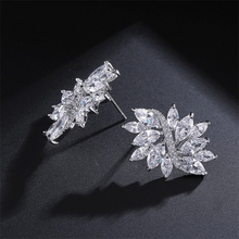 Load image into Gallery viewer, 18K White Gold Plated Floral Cuff CZ Diamond Bridal Collection Leaf Stud Earrings
