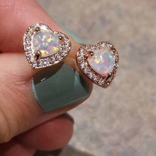 Load image into Gallery viewer, 18K Rose GP Fire Opal FAZ Diamond Heart Stud Earrings
