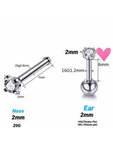 Load image into Gallery viewer, 2Pcs Solid Surgical Steel Ball Back Ear Nose Pin Tragus Cartilage Helix Dainty Cubic Zircon 16G, 18G, 20G Minimalist Stud Earrings (2mm)