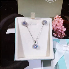 Load image into Gallery viewer, Solid S925 Sterling Silver Round CZ 2.0Ct Diamond Round Halo Stud Earrings Box Chain+ Matching Pendant Necklace Bridal Jewelry Set