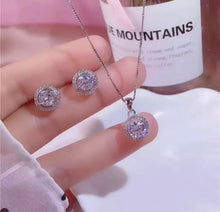 Load image into Gallery viewer, Solid S925 Sterling Silver Round CZ 2.0Ct Diamond Round Halo Stud Earrings Box Chain+ Matching Pendant Necklace Bridal Jewelry Set