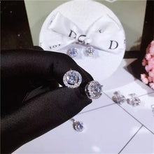 Load image into Gallery viewer, Solid S925 Sterling Silver Round CZ 2.0Ct Diamond Round Halo Stud Earrings Box Chain+ Matching Pendant Necklace Bridal Jewelry Set