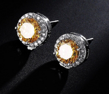 Cargar imagen en el visor de la galería, 18K White Gold Plated Round Cubic Zirconia Birthstone Citrine Stone Silver Stud Earrings
