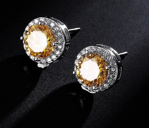 18K White Gold Plated Round Cubic Zirconia Birthstone Citrine Stone Silver Stud Earrings