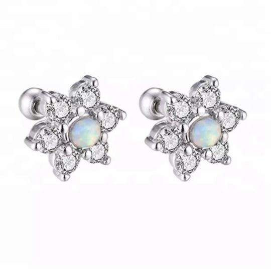 316L Stainless Surgical Steel CZ White Fire Opal Copper Flower Ball Screw Back Stud Earrings 9mm Flower Tragus Cartilage Helix