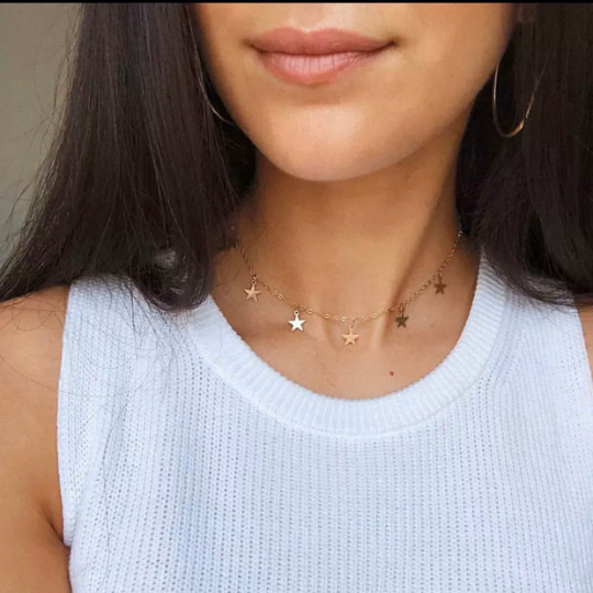 Solid 316L Stainless Steel Star Pendant 9 Star Choker 24K Gold Plated Necklace Adjustable Length Necklace