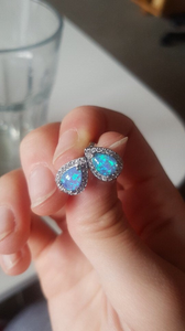 18K GP Blue Opal Pear Shaped Cz Diamond Stud Earrings