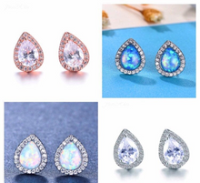 Load image into Gallery viewer, 18K White/Rose Gold Plated CZ white Blue Green Opal Rain Drop Pear Shaped Small Stud Earrings Bridal Collection
