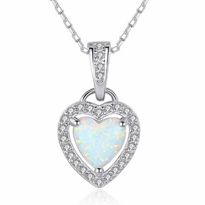 Genuine Solid 925 Sterling Silver Heart Opal chain charm Choker Necklace with Gold plated Heart Opal Stud Earrings Bridal Jewlery Set