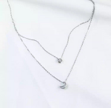 Charger l&#39;image dans la galerie, Solid 925 Sterling Silver CZ Swarovski Star Moon 3D Pendant Double Layer Necklace Adjustable Chain Choker Necklace 40cm+5cm
