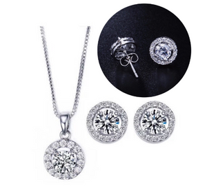 Solid S925 Sterling Silver Round CZ 2.0Ct Diamond Round Halo Stud Earrings Box Chain+ Matching Pendant Necklace Bridal Jewelry Set