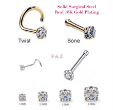 Charger l&#39;image dans la galerie, Solid 316L Surgical Steel 18K Gold Plated Mini Stud Earrings Nose Pin Bone twist Back CZ 1.5mm 2.0mm 2pc (PAIR) 20g
