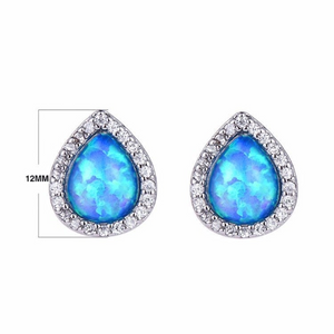 18K White/Rose Gold Plated CZ white Blue Green Opal Rain Drop Pear Shaped Small Stud Earrings Bridal Collection
