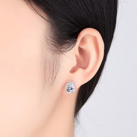18K White Gold Plated CZ Imitation Diamond Dainty Minimalist Pear shaped Stud Earrings Bridal Collection Hypoallergenic