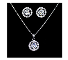 Load image into Gallery viewer, Solid S925 Sterling Silver Round CZ 2.0Ct Diamond Round Halo Stud Earrings Box Chain+ Matching Pendant Necklace Bridal Jewelry Set
