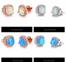 Load image into Gallery viewer, 18K Rose Gold Filled White Blue Fire Opal CZ Cushion Square Bridal Stud Earrings
