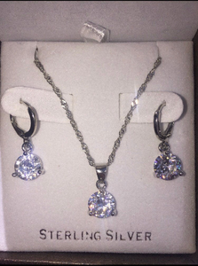925 Sterling Silver Plated Dangle Hoop Earrings Pendant Chain Necklace bridesmaid Jewelry Set