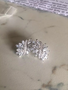 18K White Gold Plated Floral Cuff CZ Diamond Bridal Collection Leaf Stud Earrings