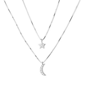 CZ Diamond Star Moon Double Layer Necklace