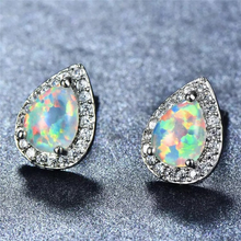 Charger l&#39;image dans la galerie, 18K White/Rose Gold Plated CZ white Blue Green Opal Rain Drop Pear Shaped Small Stud Earrings Bridal Collection
