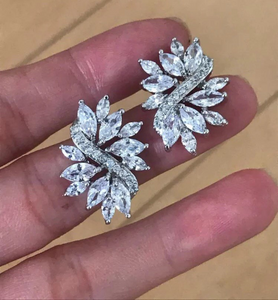 18K White Gold Plated Floral Cuff CZ Diamond Bridal Collection Leaf Stud Earrings