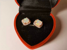 Load image into Gallery viewer, 18K Rose Gold Filled White Blue Fire Opal CZ Cushion Square Bridal Stud Earrings
