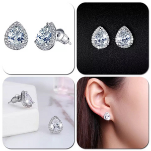 18K White Gold Plated CZ Imitation Diamond Dainty Minimalist Pear shaped Stud Earrings Bridal Collection Hypoallergenic
