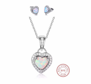 Genuine Solid 925 Sterling Silver Heart Opal chain charm Choker Necklace with Gold plated Heart Opal Stud Earrings Bridal Jewlery Set