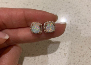18K Rose Gold Filled White Blue Fire Opal CZ Cushion Square Bridal Stud Earrings
