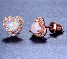 Load image into Gallery viewer, 18K Rose GP Fire Opal FAZ Diamond Heart Stud Earrings
