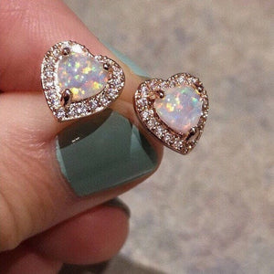 18K Rose GP Fire Opal FAZ Diamond Heart Stud Earrings