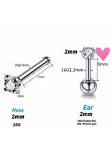 Charger l&#39;image dans la galerie, 2Pcs Solid Surgical Steel Ball Back Ear Nose Pin Tragus Cartilage Helix Dainty Cubic Zircon 16G, 18G, 20G Minimalist Stud Earrings (2mm)
