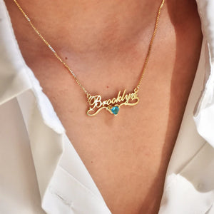 18K Gold Birthstone Heart Wave Name Necklace